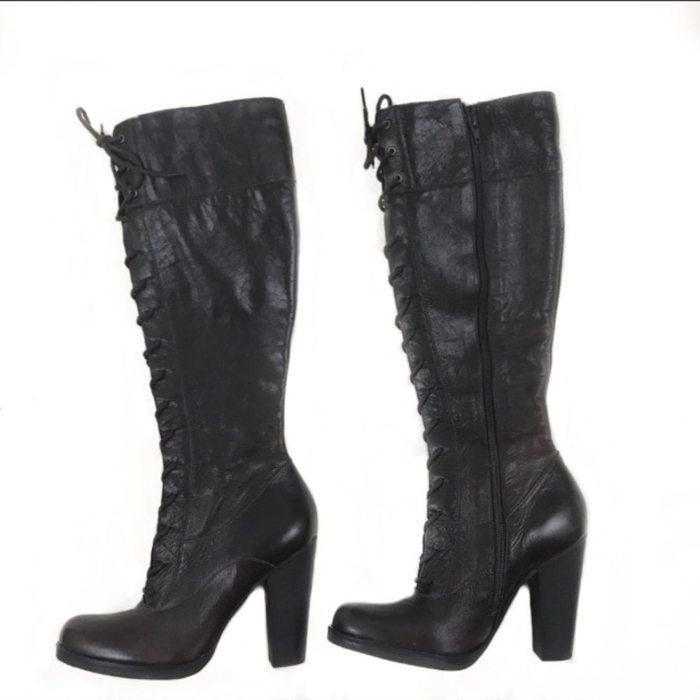 Brown Leather Lace-Up Knee-High High Heel Boots